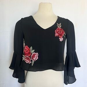 Haute Rogue Embroidered Rose with Ruffle Sleeves Black V neck Top